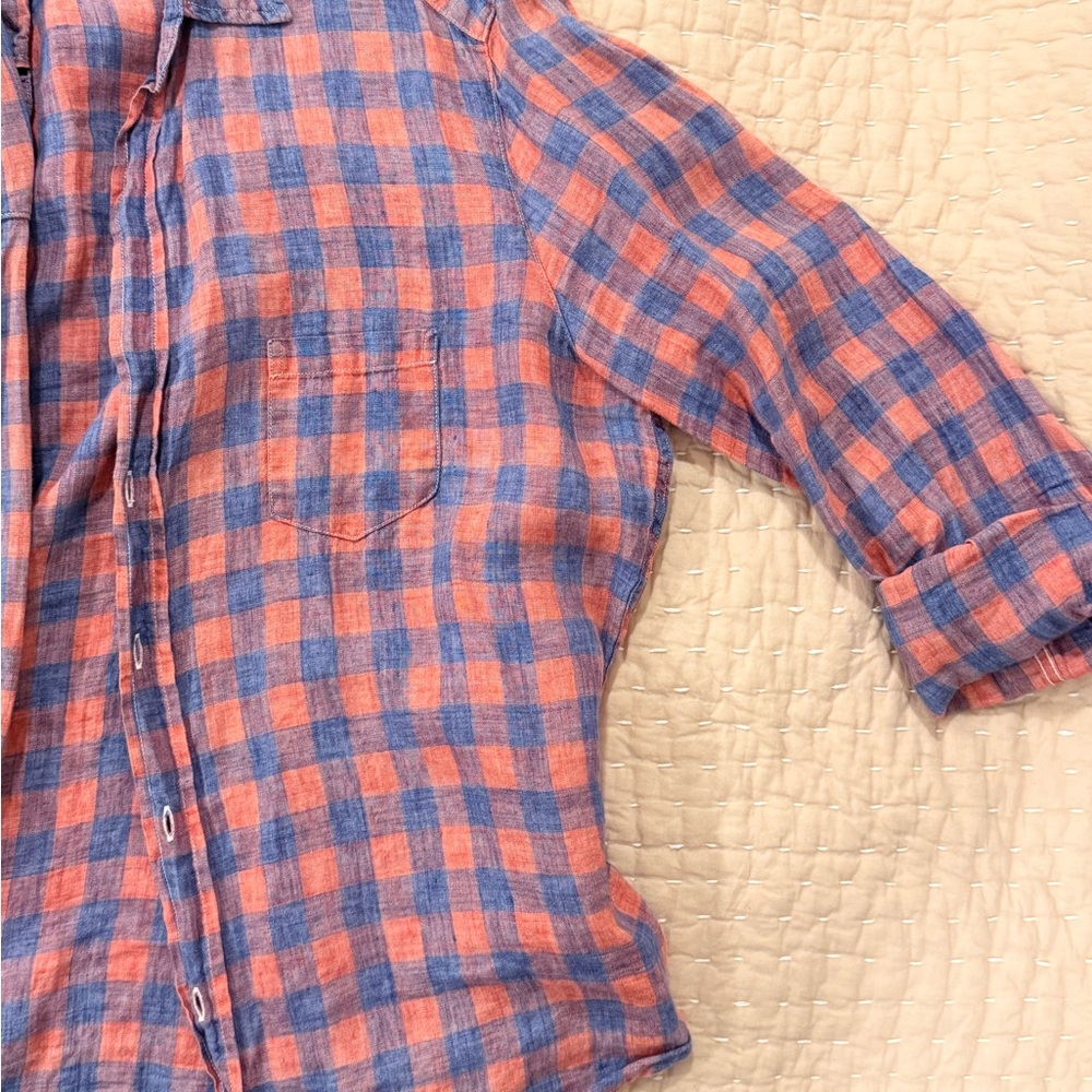 Frank & Eileen “Eileen” pink and blue Plaid button up Shirt in linen.